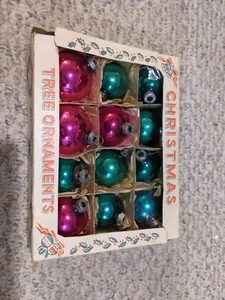 Lot 12 Vtg USA POLAND Pink Green Glass Ball Christmas Ornaments Original Box EUC - Picture 1 of 7