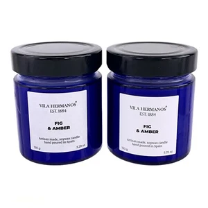 Vila Hermanos Fig & Amber candles Lot x 2 Artisan soy wax 5.69oz Cobalt jar - Picture 1 of 2
