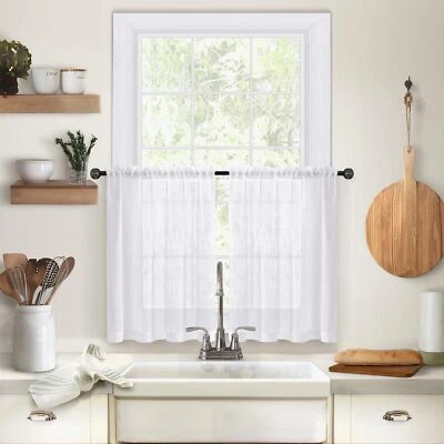 2 Panel Rustic Linen Short Cafe Curtain Tiers Kitchen Farmhouse Decor Rod Pocket - Image 1 of 4