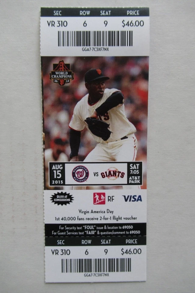 SAN FRANCISCO GIANTS VS NATIONALS 8/15/2015 FULL TICKET ~ DESMOND/ESPINOSA HRs - Image 1 of 1