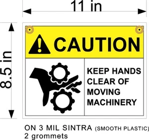 "PRECAUCIÓN MANTENGA LAS MANOS ALEJADAS DE MAQUINARIA EN MOVIMIENTO LETRERO PLÁSTICO 8,5"" X 11"" - Imagen 1 de 3