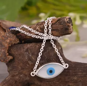 Silver Circle Evil Eye Chain 18 Inch Necklace Mother of Pearl Resin Pendent Gift - Picture 1 of 10
