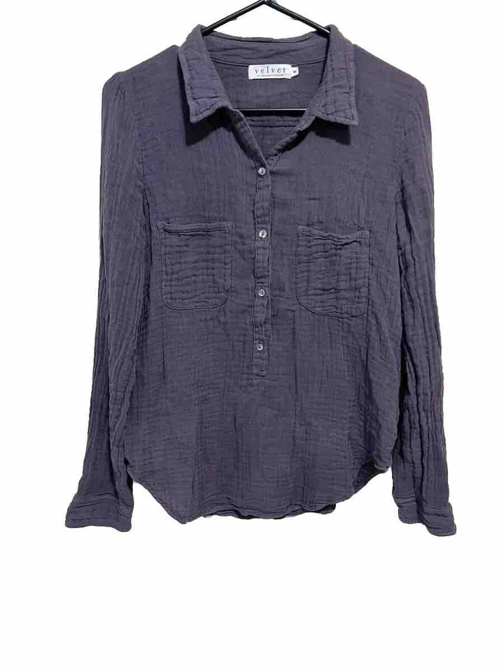 Terciopelo Mujer Clásico Gasa Algodón Camisa Manga Larga en Gris Talla M Foto 1 de 4