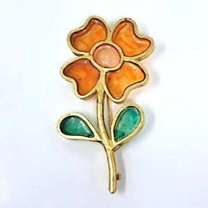 Rare Mr. We Signed Faux Orange Green Stained Glass Flower gold Tone Brooch Pin - Picture 1 of 21