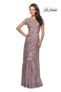 La Femme Floral Beaded Evening Dress with Sheer Cap Sleeves- Size 8. (LK# 173 A) - Picture 1 of 11