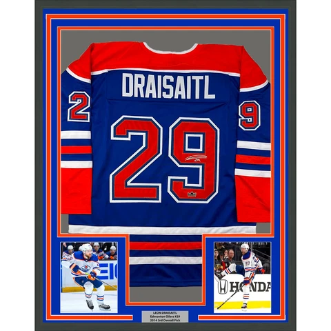 Framed Facsimile Autographed Leon Draisaitl 33x42 Blue Reprint Laser Auto Jersey Cover