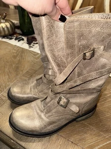 STEVE MADEN Banddit Taupe Distressed Leather Buckle Mid Calf Riding Boots 9.5 - Picture 1 of 5