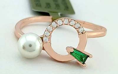 FRESH WATER PEARL, EMERALD, W/SAPPHIRE RING .925 SILVER - 14k ROSE GOLD PLATED - Image 1 of 4