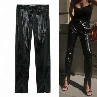 ZARA Faux Leather Trouser Pants Size XL Crocodile Embossed Front Hem Slit Black - Image 1 of 4