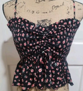 Neu mit Etikett Forever 21 Top schwarz Print Blumen Spaghettiträger gesmoktes Mieder gerafft M - Bild 1 von 7