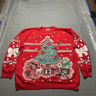 Sudadera Vintage Árbol de Navidad Mediana Roja Vacaciones Tiempo Puff Pintura Gráfico Foto 1 de 4