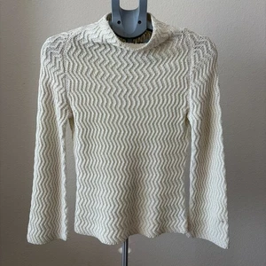 Vintage Chunky Chevron Knit Sweater Petite Small Off White Mock Neck Minimalist - Picture 1 of 8