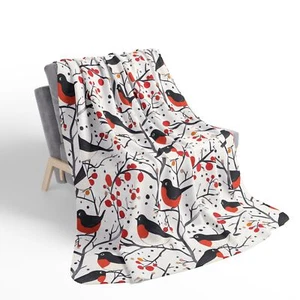 Birds in Winter Pattern, Cozy Fleece Sherpa Blanket, Warm Throw Blanket - Picture 1 of 19