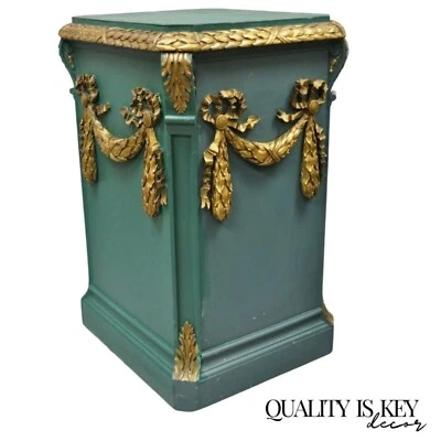 Vintage French Louis XVI Style Green Gold Carved Wood 39" Column Pedestal Stand - Image 1 of 4