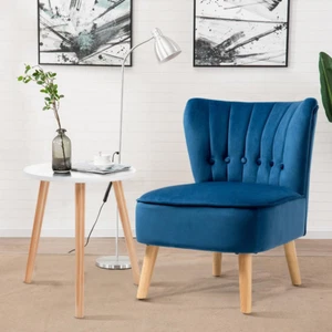 Armless Accent Chair Wingback Velvet Sofa Tufted Wooden Legs Padded Seat Blue - Picture 1 of 12