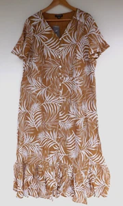 New Autograph Dress 16 Womens Tan Brown White Midi Button Up Flutter Sleeve - Picture 1 of 10