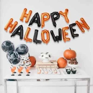 14 Pcs Halloween Foil Banner Black Orange Baloons self Inflating Hanging Banner - Picture 1 of 9