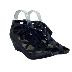 Call It Spring Lace Up Wedge Sandals Black Leather Women Size 7 - Picture 1 of 5