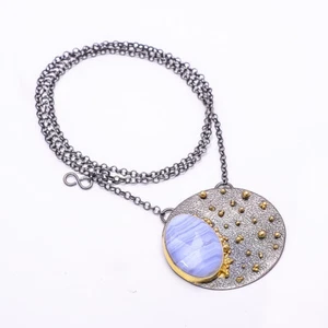 Blue Lace Agate Black And Gemstone Gold Rhodium 925 Silver Necklace 19.99" N1 - Picture 1 of 3