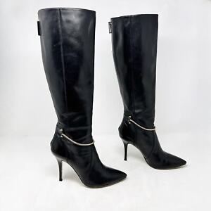 Hugo Boss Size 37 US 7 Black Leather Pointed Toe Tall Boots Gold Chain Stiletto