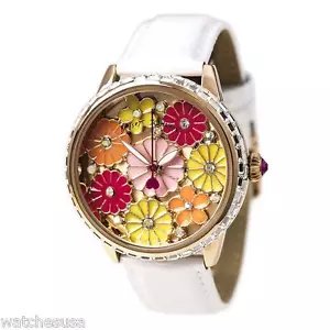 Betsey Johnson Women's Flower Dial White Leather Strap Watch BJ00460-03 - Picture 1 of 2