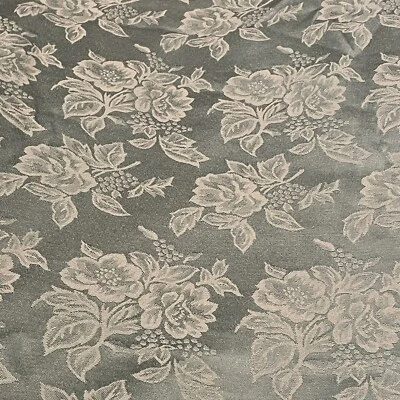 VTG LONG Retro 60s? Satin Brocade Jacquard Roses Tablecloth 115x59 Pale Green - Image 1 of 4