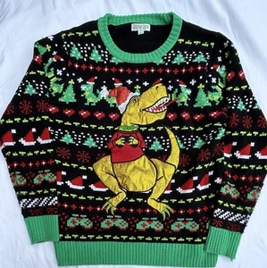 Men's Ugly Christmas Sweater Dinosaur Santa Holiday Pullover Large - Picture 1 of 7