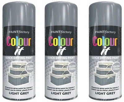 SPRAY PAINT 3 X 400ML LIGHT GREY COLOUR IT CAN GLOSS FINISH METAL WOOD PLASTIC - Image 1 of 2