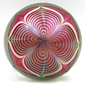 Stuart Abelman rosa irisierend gezogene Feder Briefbeschwerer Studio Kunst Glas 1983 - Bild 1 von 5