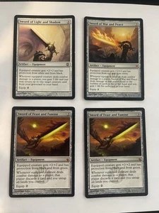 MTG 2x Sword of Feast and Famine + Light and Shadow + War and Peace Magic LP/NM - Picture 1 of 2