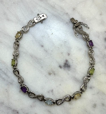 Sterling Silver bracelet natural gemstones amethyst, citrine, peridot, blue topa - Image 1 of 4
