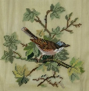 Preworked Center Worked BIRD ON BRANCH Needlepoint Canvas Petit Point 9x9" 20221 - Picture 1 of 3