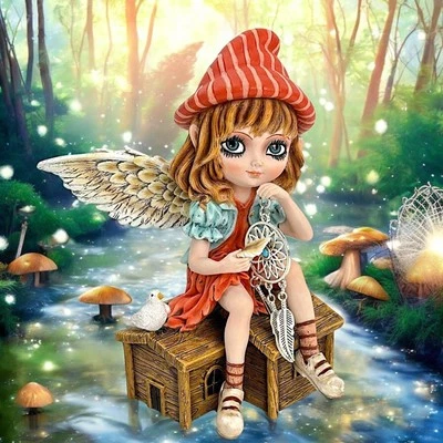 Whimsical Fairy Figurine with Dreamcatcher & Cottage Statue fantasy ornament - Изображение 1 из 3