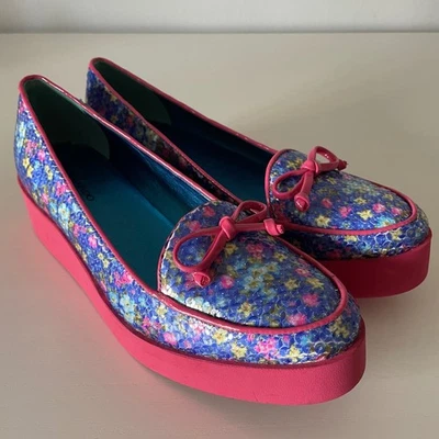 Mocassim Bernardo Plataforma Floral Rosa Azul Lantejoulas 7 EUA Colorido Slip On - Imagem 1 de 4