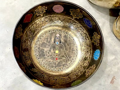 Handmade Himalayan Singing Bowl with Meditating Yogi & Root Chakra Colors - - Image 1 of 4