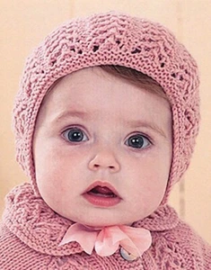 Baby Sweetness Knitting Pattern 0-7yr 8ply Lacy Bud Pink Cardigan/Bonnet + Blue - Picture 1 of 6