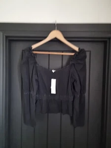 Topshop Washed Black Denim Puff Long Sleeve Cropped Top Size UK 10 BNWT - Picture 1 of 11