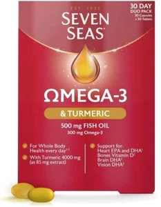Seven Seas Omega-3 Fish Oil Turmeric, 300 mg Pack: 30 Capsules + 30 Tablets - Picture 1 of 8