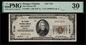 1929 $20 Type 1 - Orange, VA - Fr. 1802-1 Charter 7150 - Graded PMG 30 - Picture 1 of 2