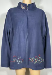 Croft & Borrow Women's Tops Fleece embroidered leaves w/ flowers Sz XL Navy Blue - Picture 1 of 12