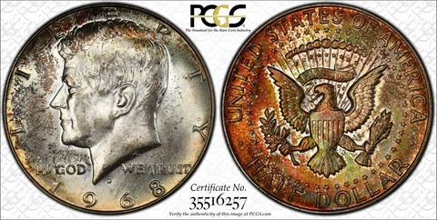 1968-D 50C Kennedy Silver Half Dollar, PCGS Secure- Vivid Rainbow Toned Ms 64 Cover