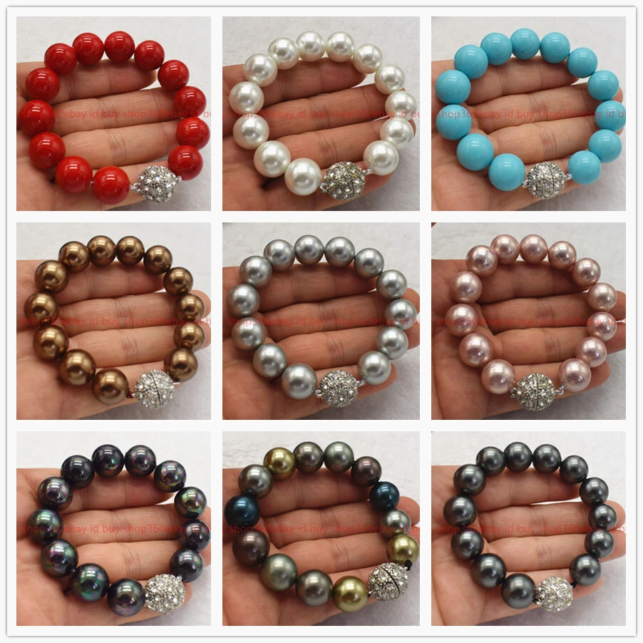 Pretty 14mm multicolor Shell Pearl (Not Pearl ) Gems Round Beads Bracelet 7.5in - Image 1 of 4