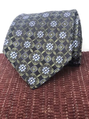 Gravata Saks Fifth Avenue gola de seda azul verde floral 100% seda feita na Itália - Imagem 1 de 4