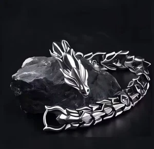Men's Stainless Steel Dragon Head Viking Biker Heavy Clasp Cuff Bangle Bracelet - Picture 1 of 7