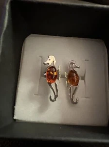 Amber Seahorse Stud Post Earrings 925 Sterling Silver New - Picture 1 of 5
