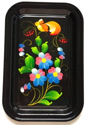 Tablett Russisch Vogel Blumen Bunt Schwarz Handbemalt Metall ca 12x18 cm Vintage - Bild 1 von 4