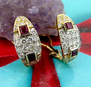 1.00 ctw Diamonds 14k Yellow Gold .50 ctw Ruby Omega Backs Pierced Stud Earrings - Picture 1 of 7