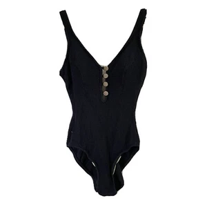 Vintage Mainstream Sz 10 Swim Suit One Piece Black Gold Button Bathing Suit - Picture 1 of 9