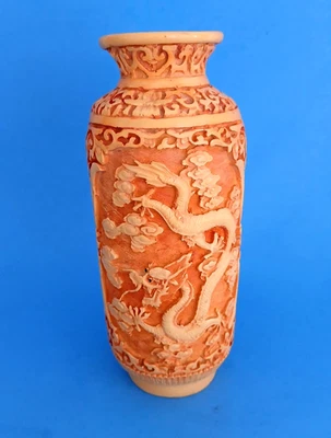 "Florero cinabrio caléndula dragones chinos tallados vintage de 8"" de alto" Foto 1 de 4