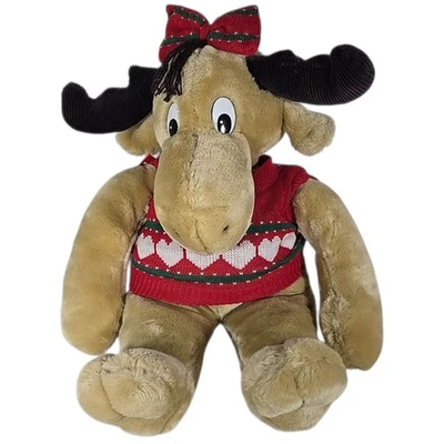 Commonwealth 1987 Girl Moose Plush Stuffed Animal ” Red Sweater Bow Vintage - Image 1 of 4
